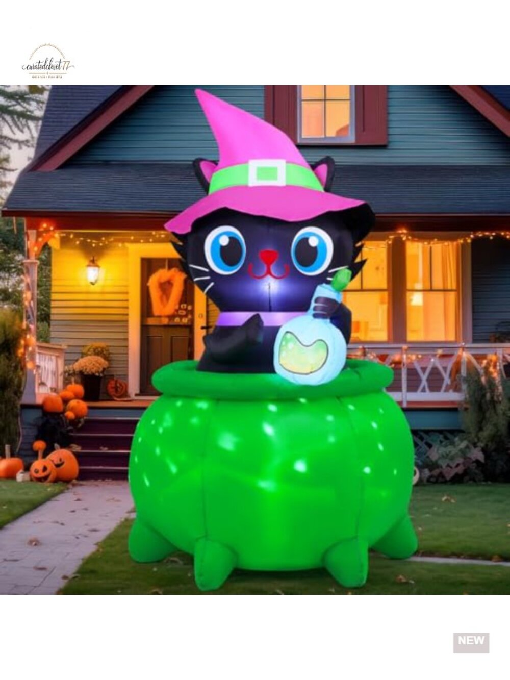 6FT Halloween Inflatable Cat with Witch Cauldron LED Yard Decoration Outdoor